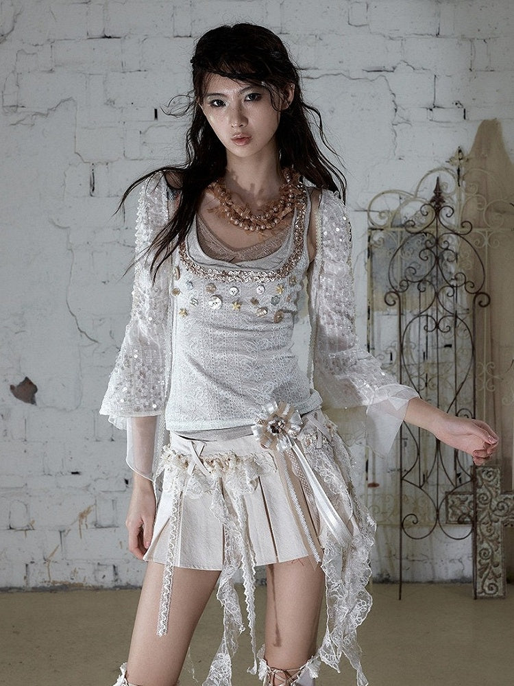 Off-White Fake Three-Piece Knit Cami Top with Shell Buttons - NO ROMANCE