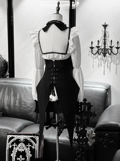 Gothic Tailcoat Waistcoat with Pompoms and Back Lacing - Shi Zhi Mao