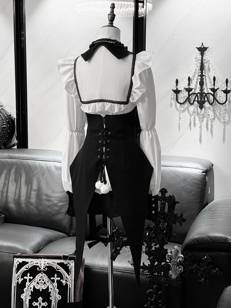 Gothic Tailcoat Fashion Black with Pompoms Waistcoat Lace-up at Back Ouji