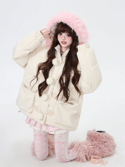 ブラックアプリコットフリース裏地フェイクファートリムフード付きコート