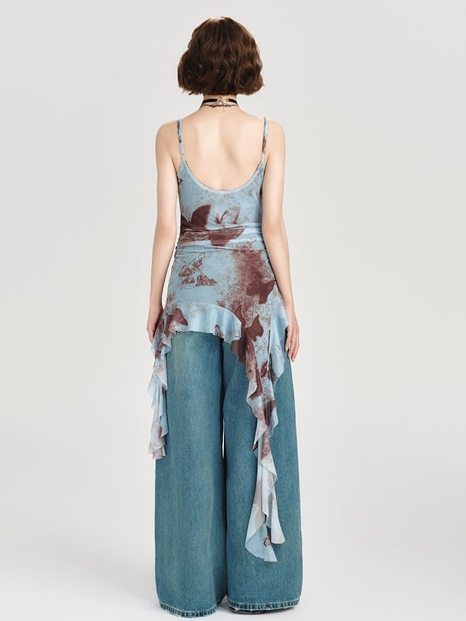 Retro Butterfly Print Summer Top with Cascading Ruffles - Girlyhalo