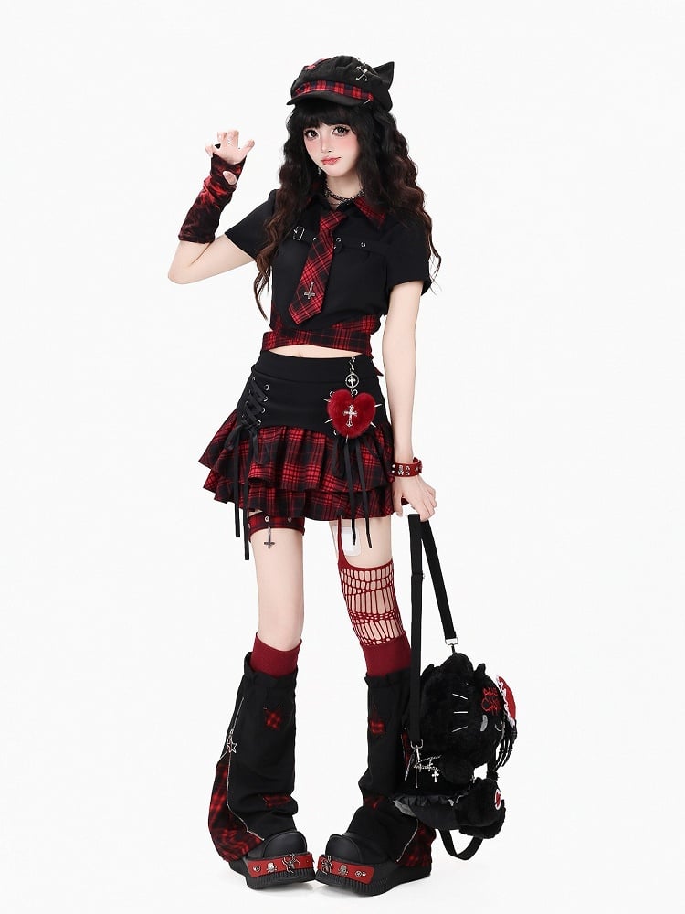 Red & Black Plaid Skirt with Lace-Up Detail - CRAZY GIRL