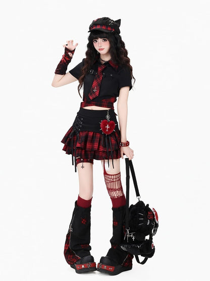Red & Black Plaid Skirt with Lace-Up Detail - CRAZY GIRL