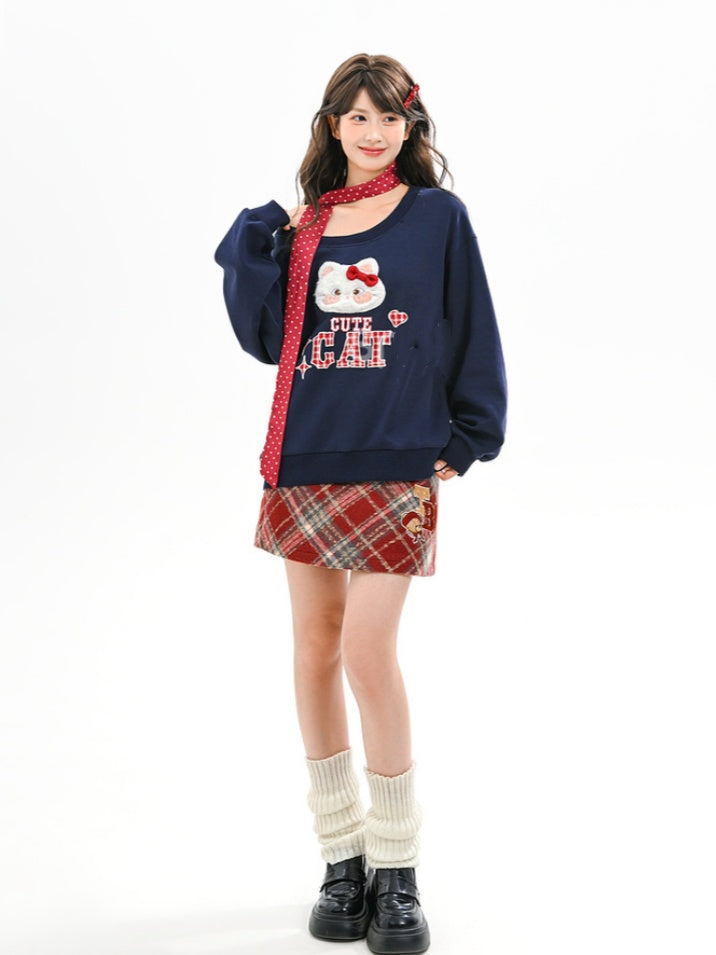 Sweatshirt with Detachable Red Applique Navy Kitty Embroidery Blue Collar Plaid
