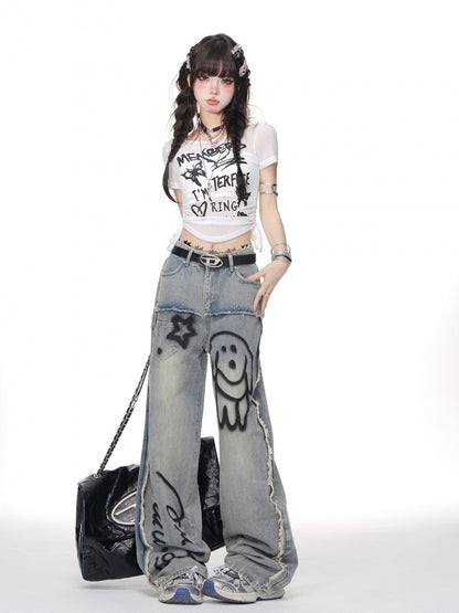 Blaue Jeans mit weitem Bein und Welpen-Print