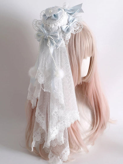 Lace Style) Hat Veil with Soft Layered Sheer Sweet White (Elegant Mini Blue