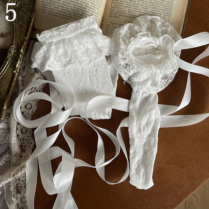 Stockings/Pink Pink Straps Stockings/White Overknee Self-tie Socks/Leg Underknee White Striped Lace Ruffle Loop