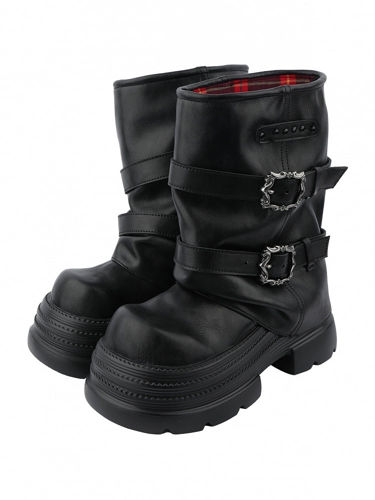Black and Buckle with Boots Details Punk Studded Platform Stacked Accents
