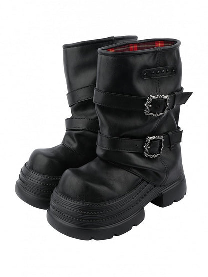 Black and Buckle with Boots Details Punk Studded Platform Stacked Accents