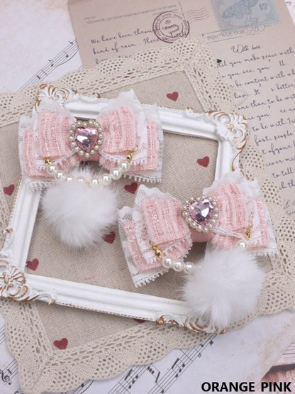 Rhinestone Color Hairclip Bowknot 7 Pearl With Kei Pom-Pom Jirai Heart Options Chain
