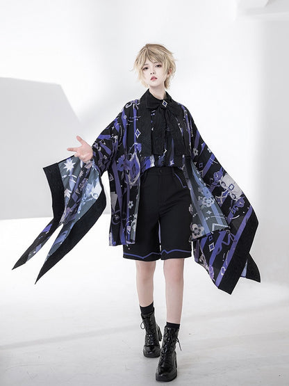 茶黒縞とポーカーカップ紫羽織柄プリント