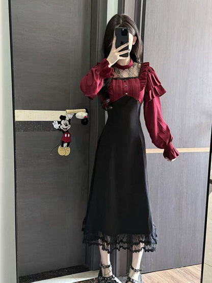 Long-Sleeve Dress Panel Jirai Black Kei Lace Ruffled Design Red