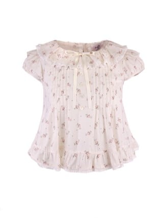 Dollcore Blouse Beige Floral  Ruffle Trim Print With