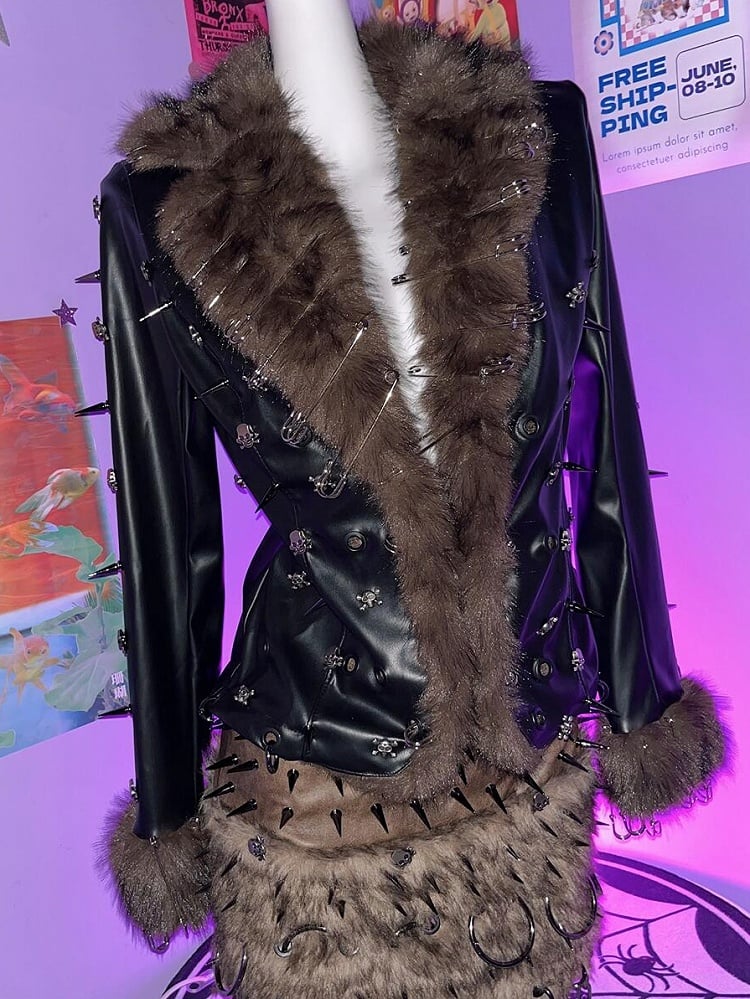 ピンスタッドブラウンとジャケットパンクブラック装飾スケルトンウェイストランドPU