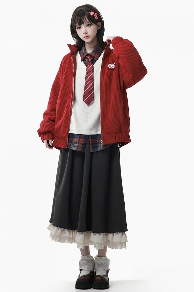 White Sweatshirt with Two-piece Apple Brooch