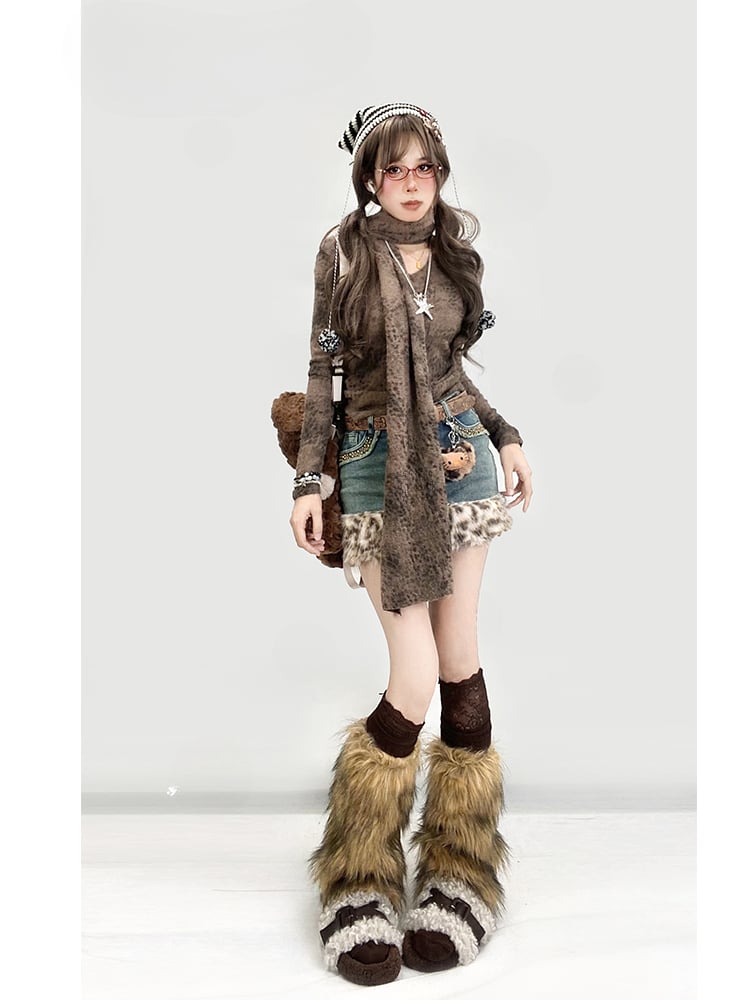 Coffee Leopard Pattern V-neck Top with Scarf