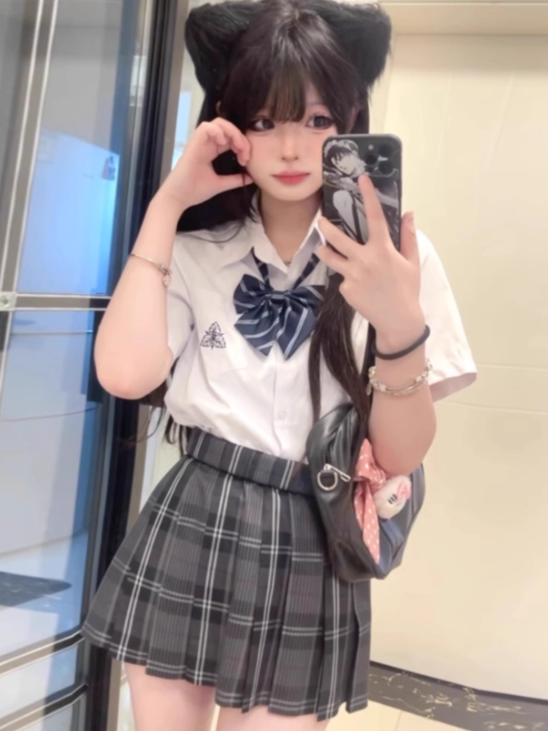 Black Plaid Pleated Uniform 42CM Pattern Skirt JK