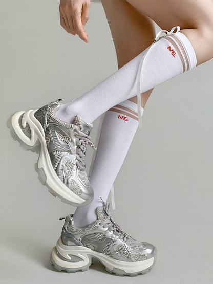 Striped Calf Socks in Milk White with Bow & Letter Details - Night Experiment