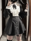 Kei Black Set: Jirai Striped Dress with Cross 3-Piece Embroidered Pointed Collar