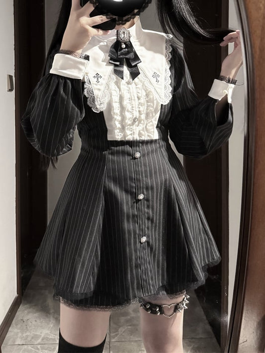 Kei Black Set: Jirai Striped Dress with Cross 3-Piece Embroidered Pointed Collar