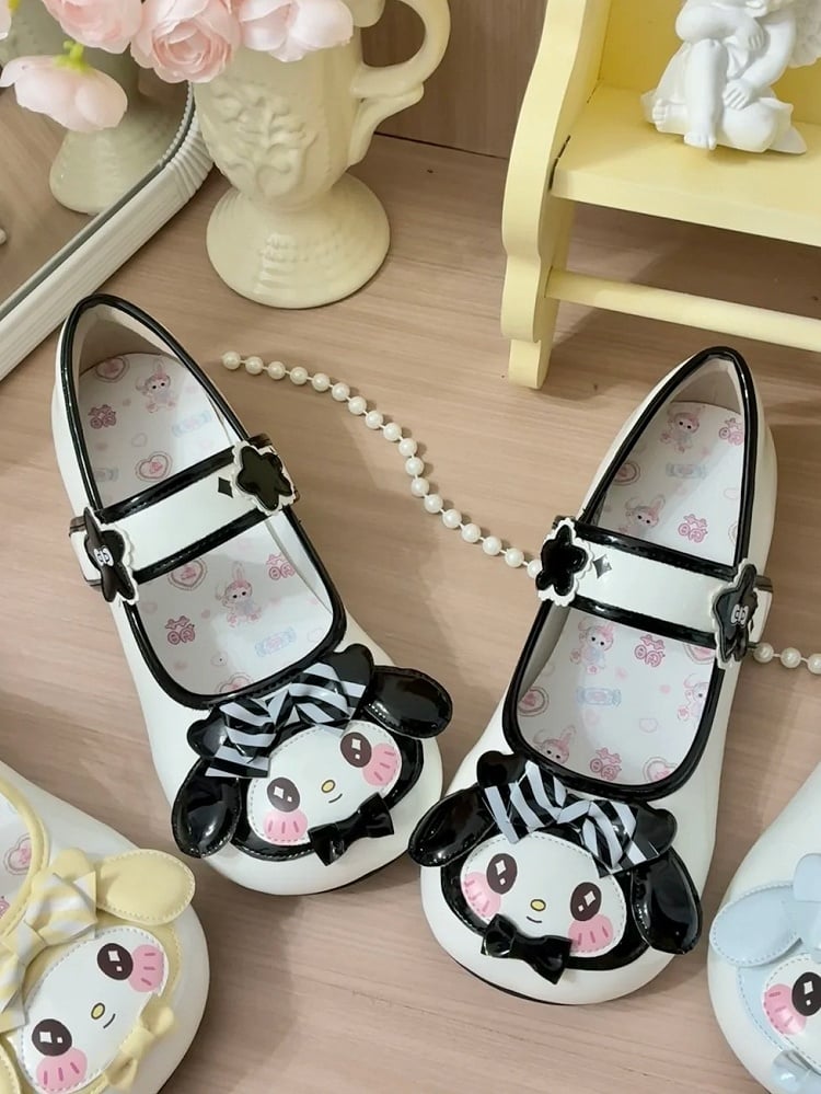 Flower Lolita Shoes Rabbit Motifs Black Velcro Details - Strap Sweet Toe Round