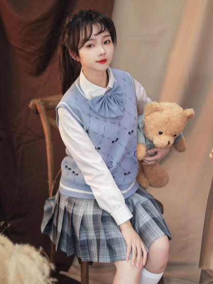 Preppy Pattern Teddy Knit and Blue Bear Bow with Print Diamond Vest