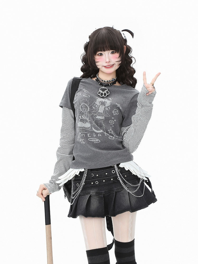 Cartoon Print Long Top Vibes: Otaku Striped Faux Sleeve Two-Piece White/Gray Cozy
