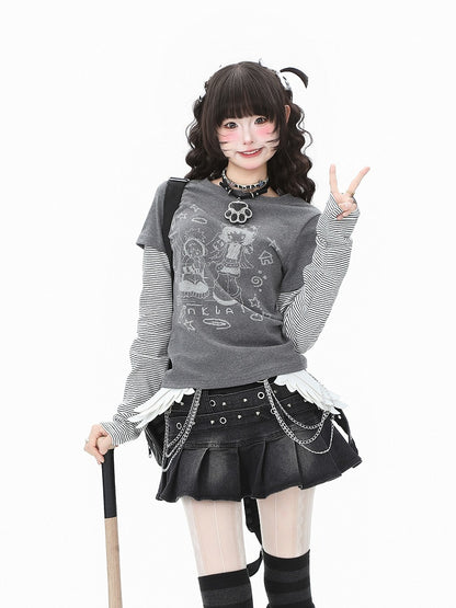 Cartoon Print Long Top Vibes: Otaku Striped Faux Sleeve Two-Piece White/Gray Cozy