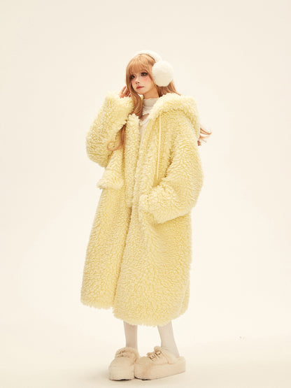 Drawstrings Hooded Coat Winter Fleece with Long Yellow