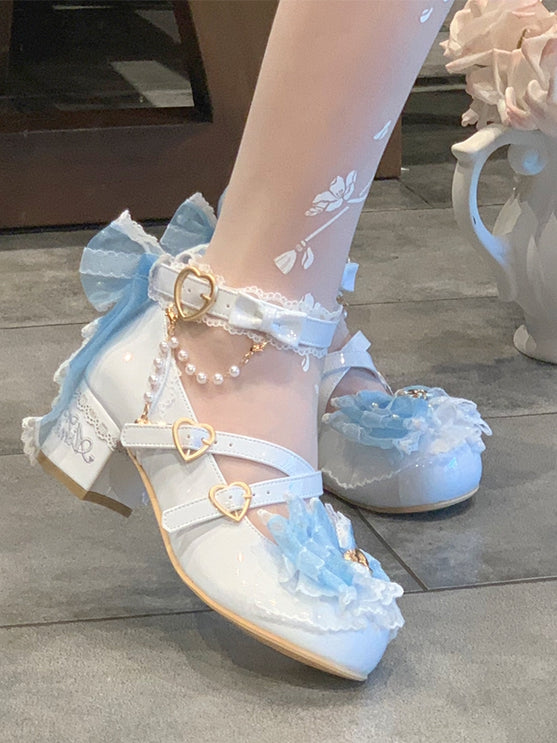 Shoes Lolita Decorated Light Lace Blue Trim Bow Sweet at Top Design Beaded Crisscross