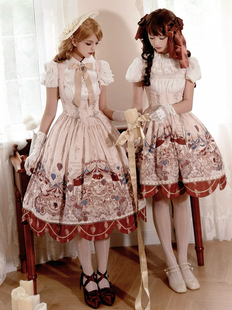 アンダーバスト、ボーンウエスト、サーカスアニマル柄、ロリータジャンパースカート、ショートバージョン