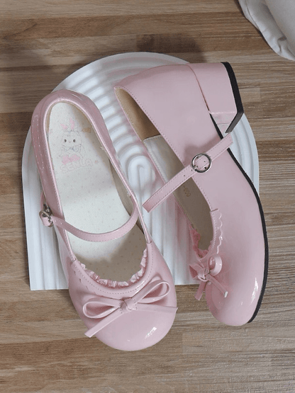 Schleifenbesatz Pink Jane Round - Geknotete Spitzenschuhe Süße Lolita-Mary-Schuhe mit niedrigem Absatz