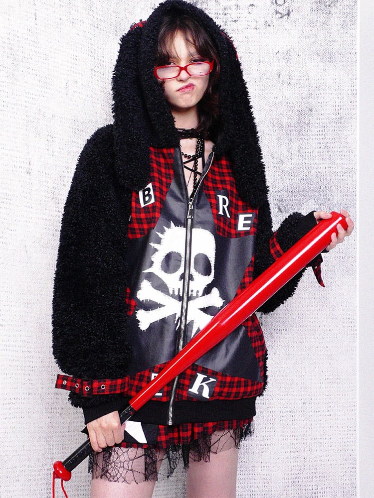 Ear Plaid Panel Adjustable Black Straps Cuff with Bunny Coat Red