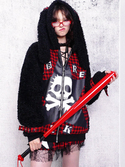 Ear Plaid Panel Adjustable Black Straps Cuff with Bunny Coat Red