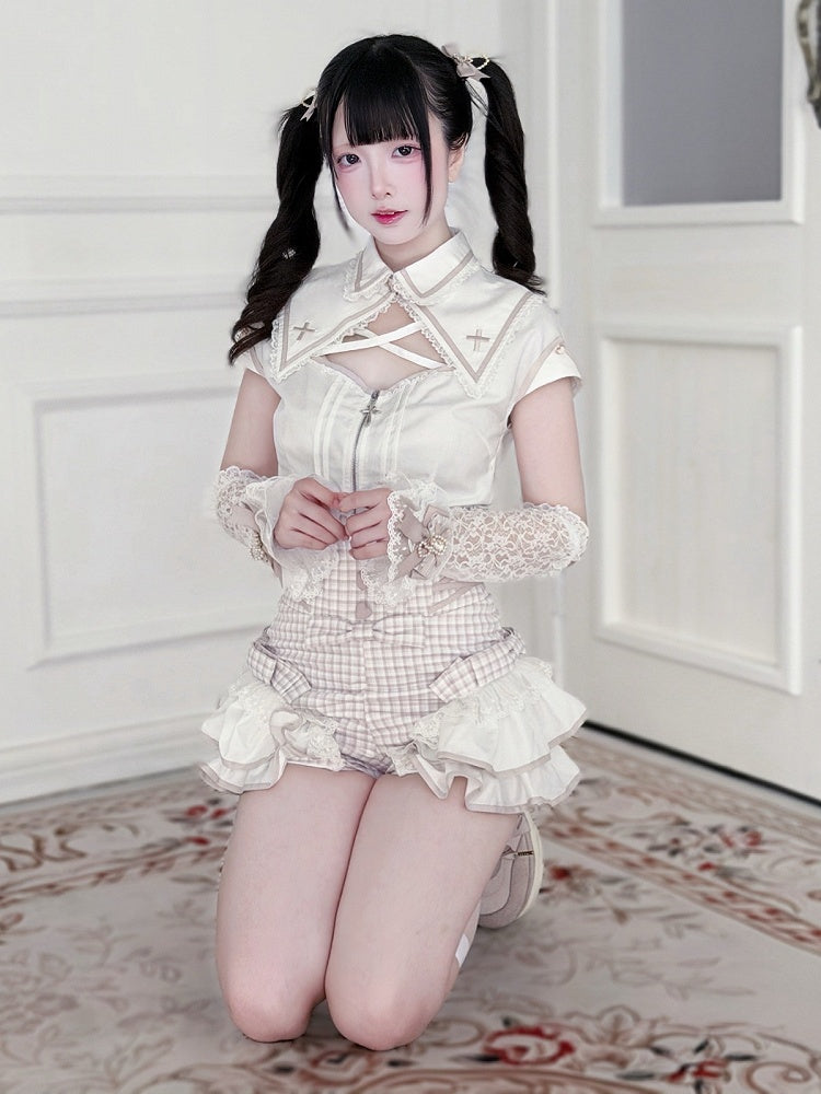 White & Pink Hollow Blouse with Plaid Skort Set - Shi Zhai Xin