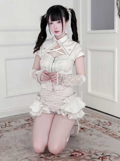 White & Pink Hollow Blouse with Plaid Skort Set - Shi Zhai Xin
