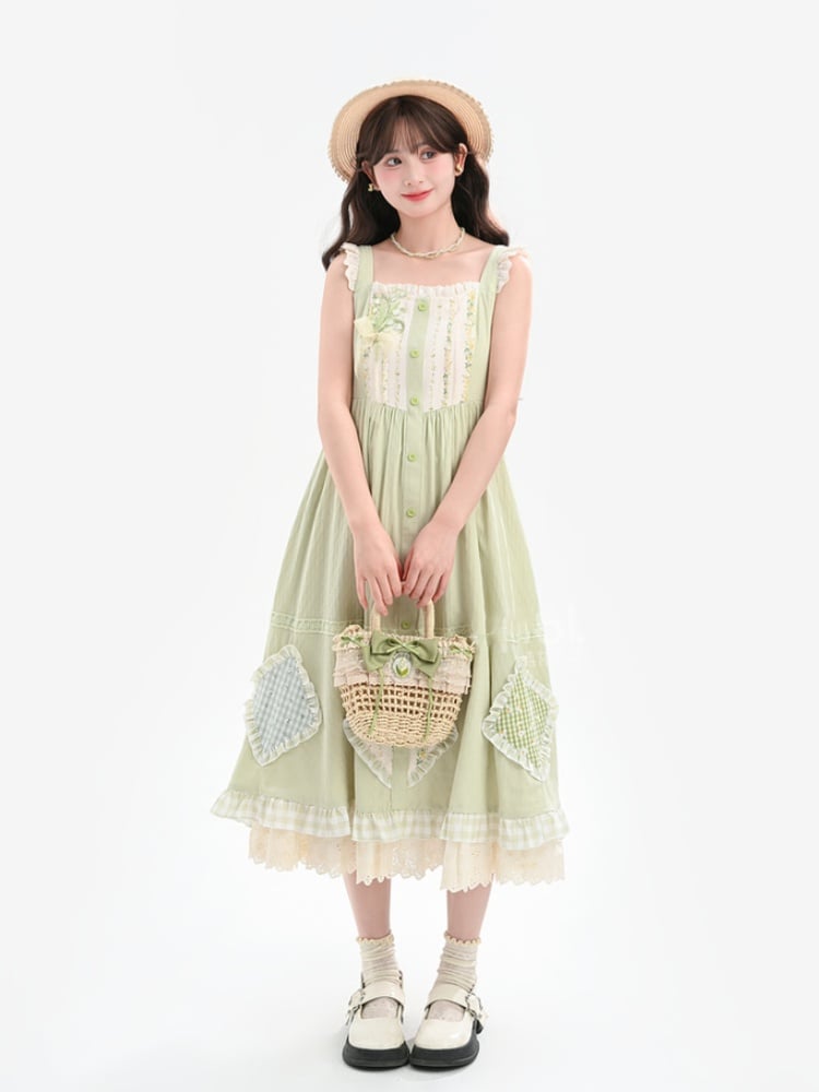 Mori Kei Green Floral Applique Sleeveless Dress