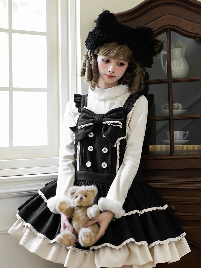 Tiered Ruffle Overall Sweet Dress Black Hem and Shoulder with Straps Lolita Bow
