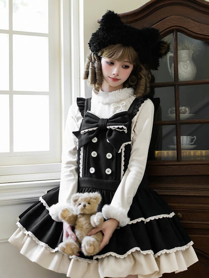 Tiered Ruffle Overall Sweet Dress Black Hem and Shoulder with Straps Lolita Bow