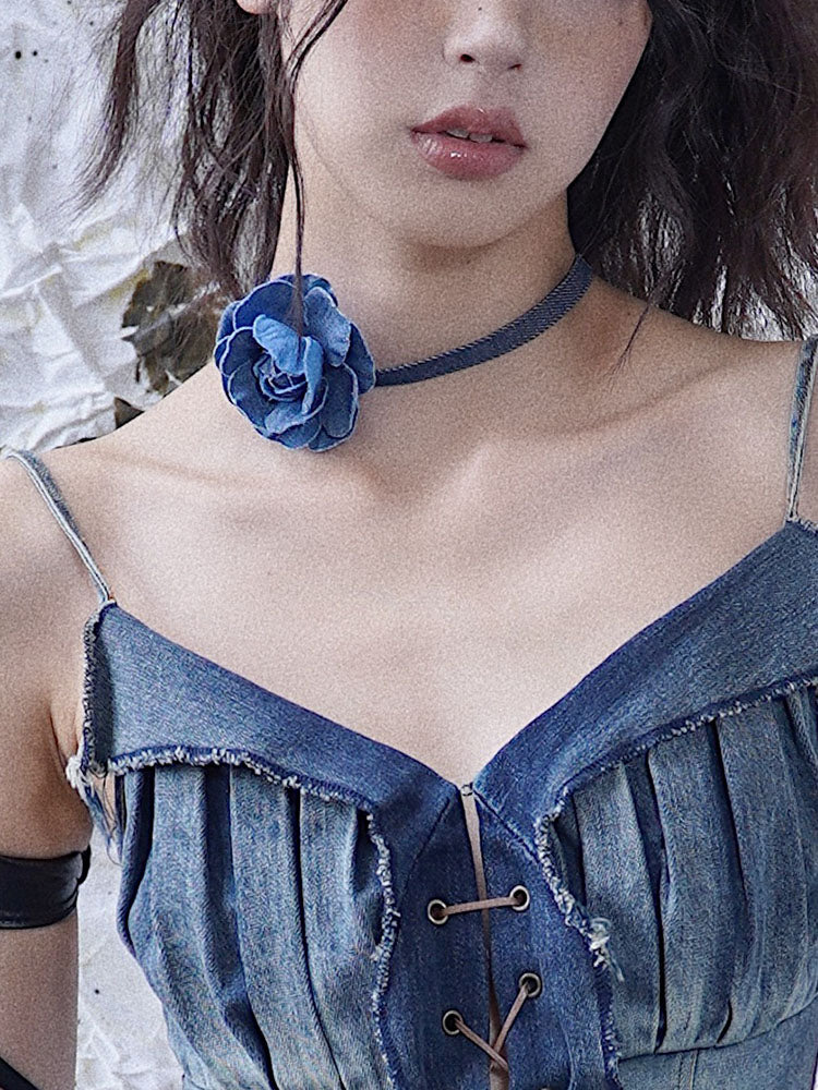 Blue Denim Rose Choker with Metal Chain Detail