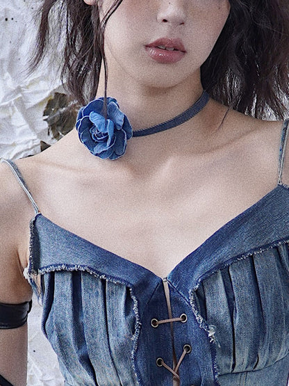Blue Denim Rose Choker with Metal Chain Detail