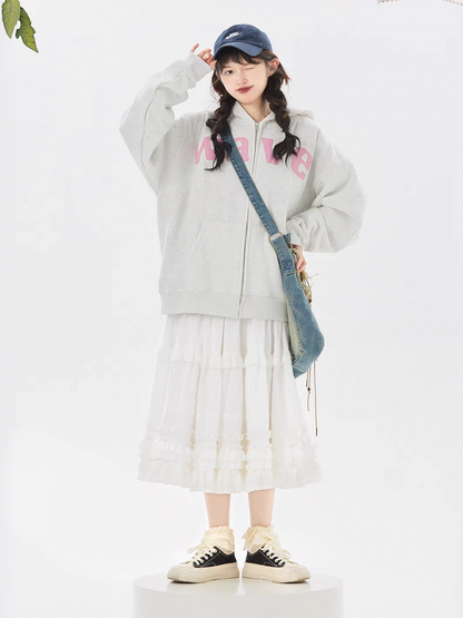Elegant Cotton Multi-Layer Lolita Skirt White Ruffled Loose Hem