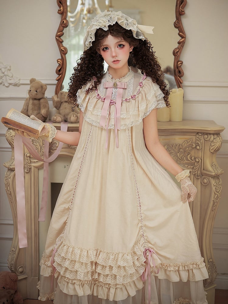 Beige Rosette Jacquard OP Dress with Ruffles - With PUJI