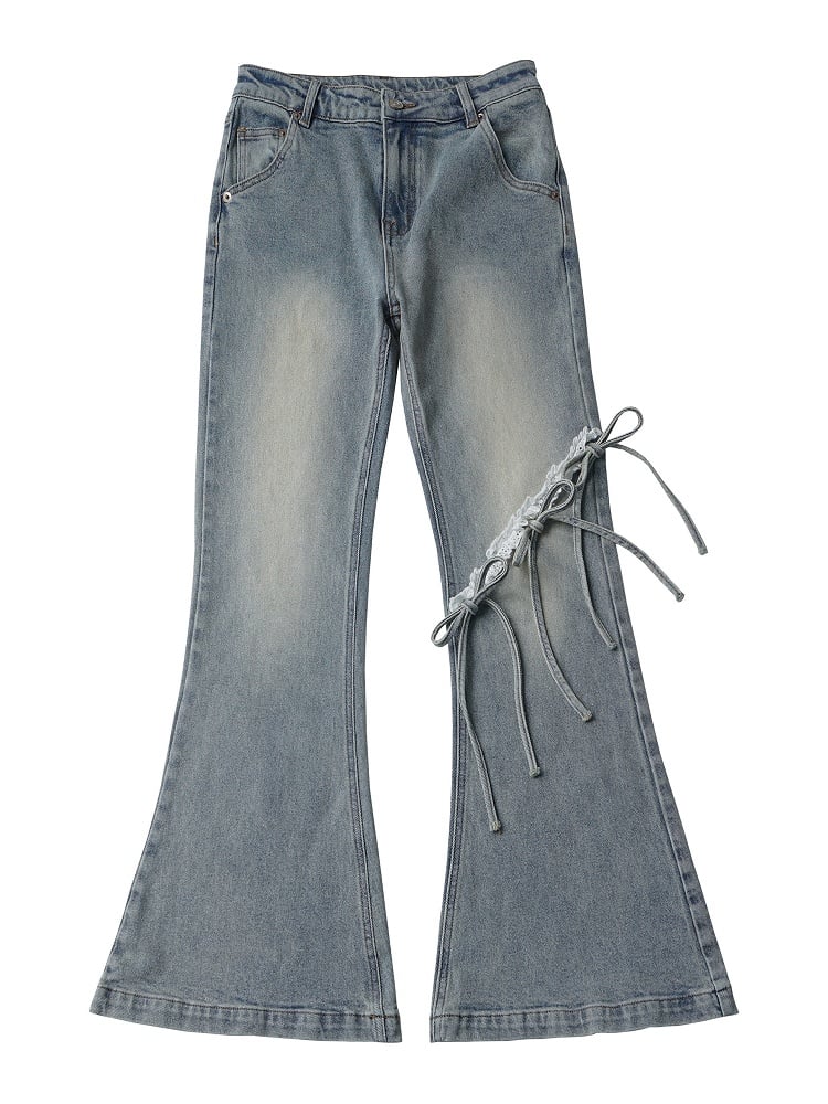 Light Blue Flared Jeans with Tie Details - PINK SAVIOR
