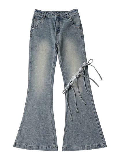 Light Blue Flared Jeans with Tie Details - PINK SAVIOR