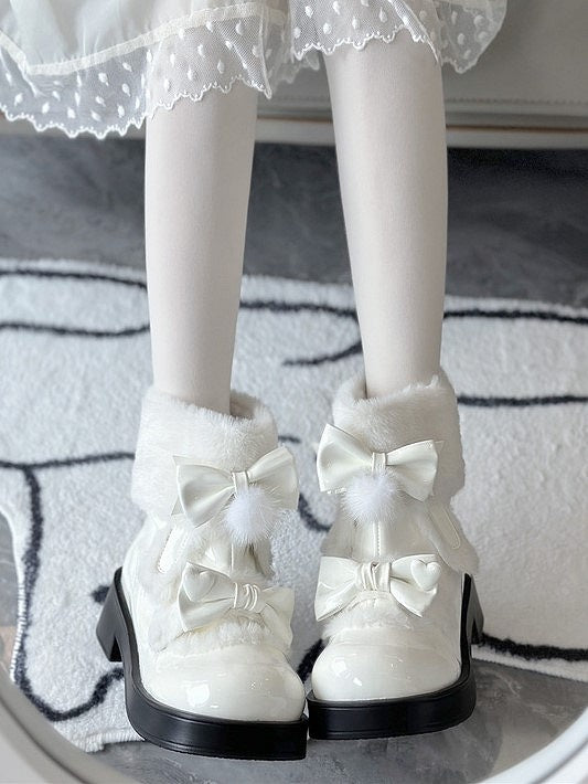 Decor Lolita Lining Boots - Sweet Snow Bow White Fleece