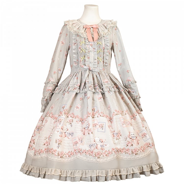 Green Floral and Kitty Spring Long Sleeves Pink House Style Sweet Lolita Dress