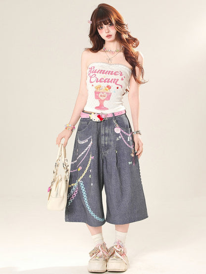 Print Cut Letter Wide-leg Y2K Button Chain Jeans Blue And