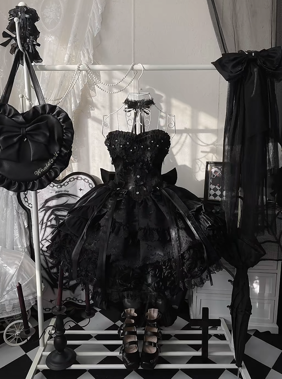 Jacquard Waist Blooming Lolita Basque Flower Accents Lace Hime Black Layered Fluffy Dress with