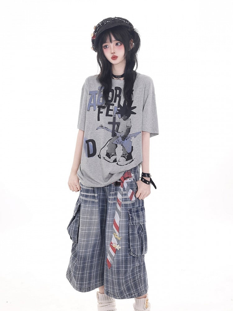 Blue Plaid Denim Wide Leg Cropped Pants with Belt Print - KNOW8 Online Shop